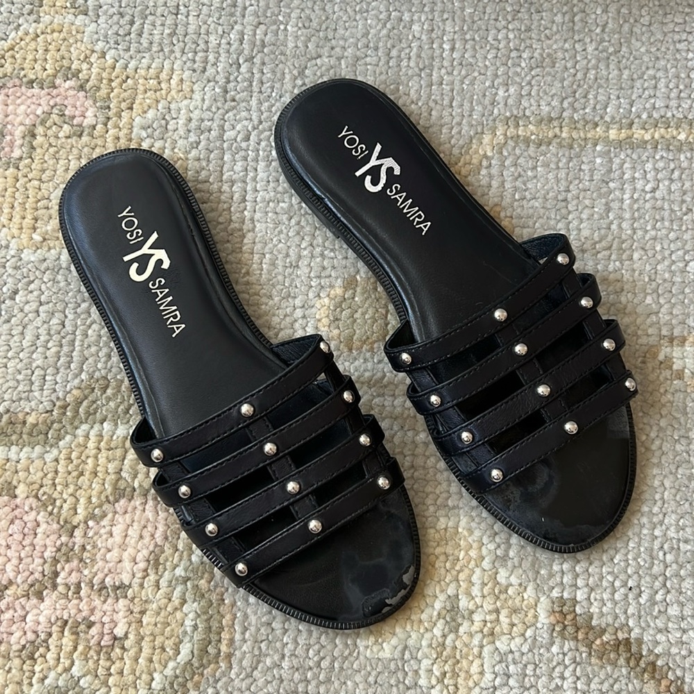NEW Yosi Samra black sandals with silver grommet, size 6